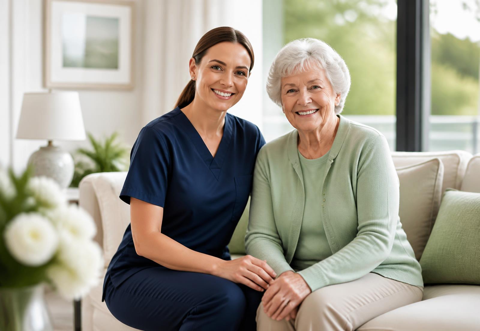 A professional caregiver seated beside a smiling senior client in a bright living room